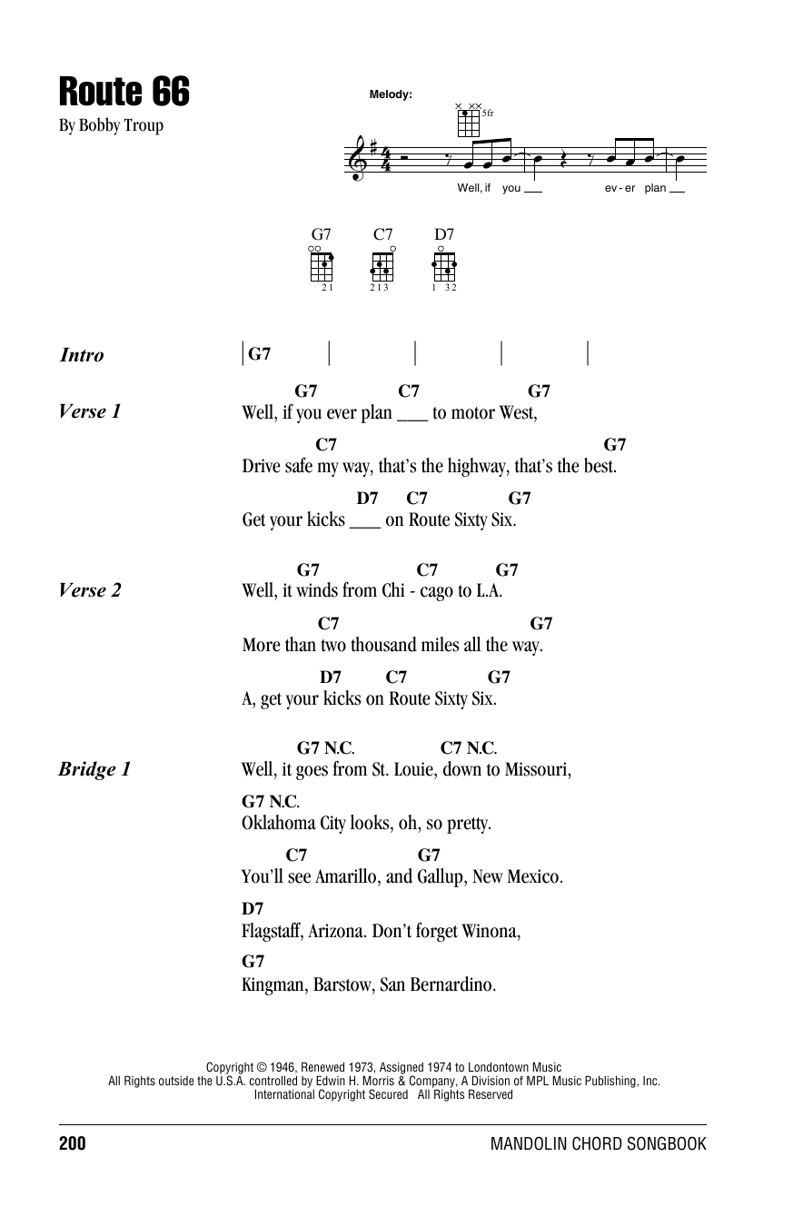 Manhattan Transfer Route 66 sheet music notes and chords arranged for Mandolin Chords/Lyrics