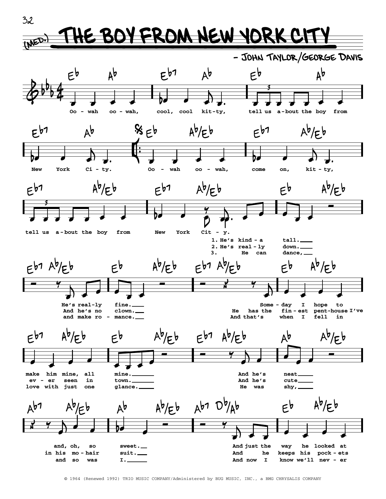 Manhattan Transfer The Boy From New York City (Low Voice) sheet music notes and chords arranged for Real Book – Melody, Lyrics & Chords
