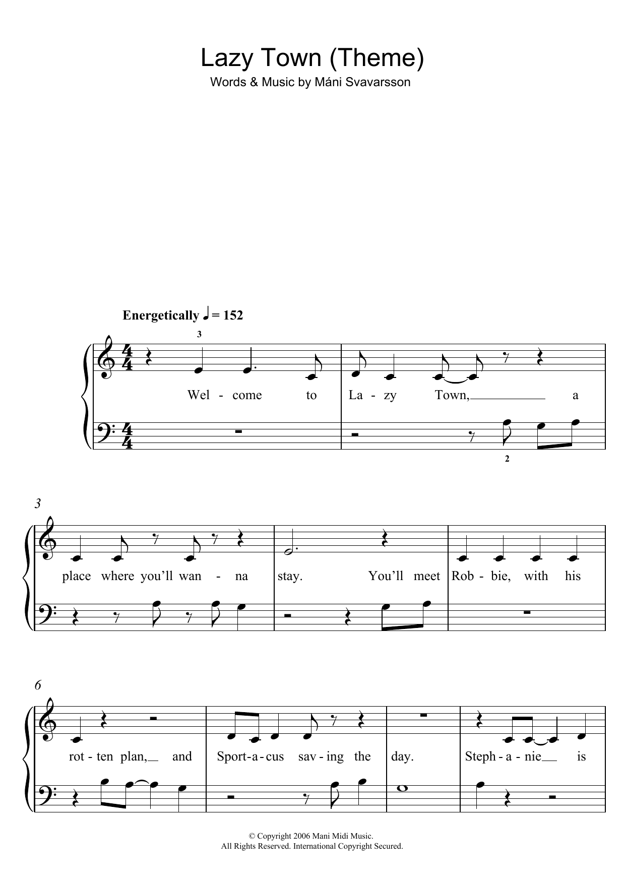 Máni Svavarsson Lazy Town (Theme) sheet music notes and chords arranged for 5-Finger Piano