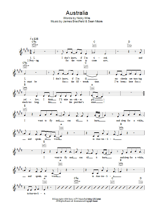Manic Street Preachers Australia sheet music notes and chords arranged for Lead Sheet / Fake Book