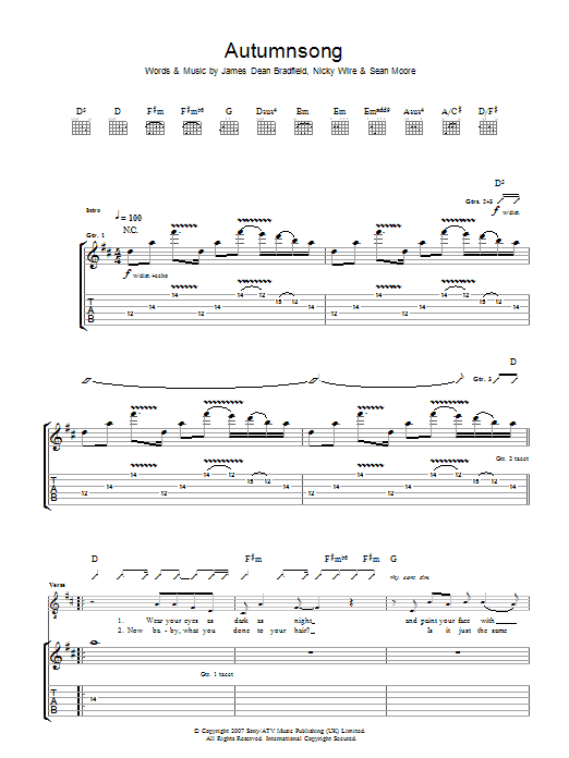 Manic Street Preachers Autumnsong sheet music notes and chords arranged for Guitar Tab