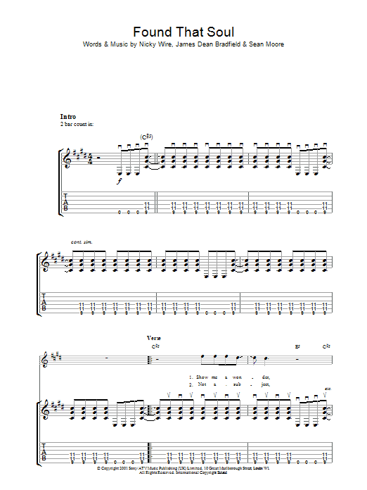 Manic Street Preachers Found That Soul sheet music notes and chords arranged for Guitar Chords/Lyrics