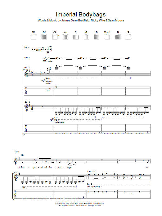 Manic Street Preachers Imperial Bodybags sheet music notes and chords arranged for Guitar Tab