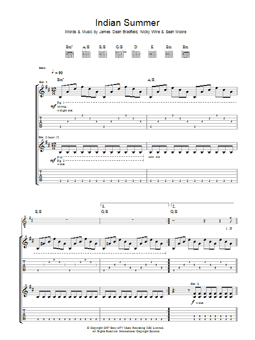 Manic Street Preachers Indian Summer sheet music notes and chords arranged for Guitar Tab