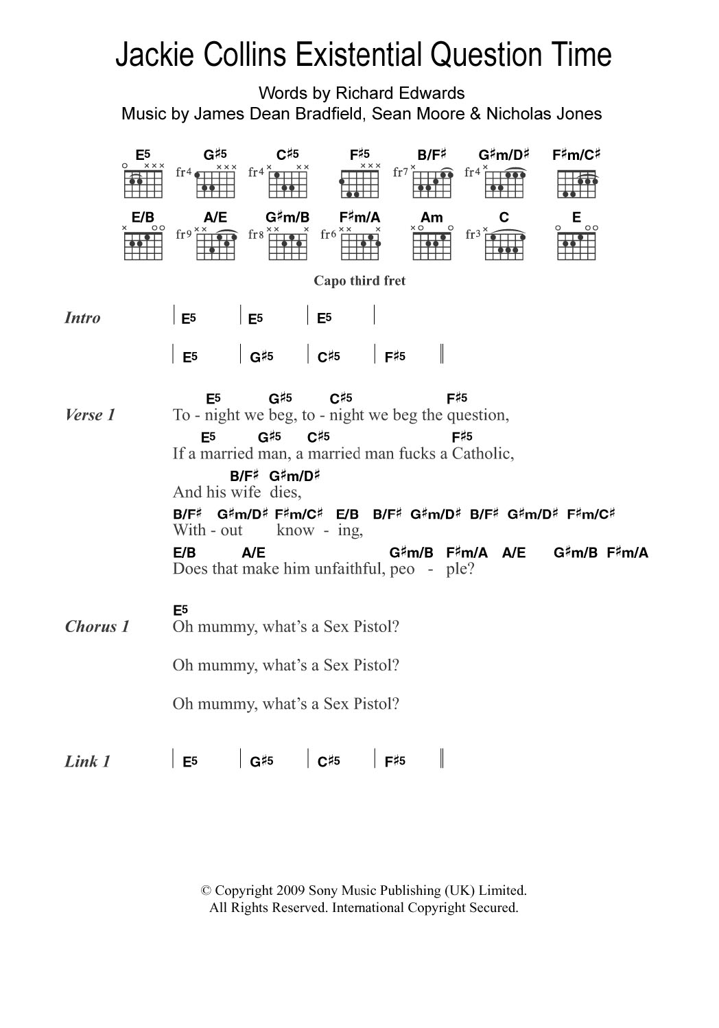 Manic Street Preachers Jackie Collins Existential Question Time sheet music notes and chords arranged for Guitar Chords/Lyrics