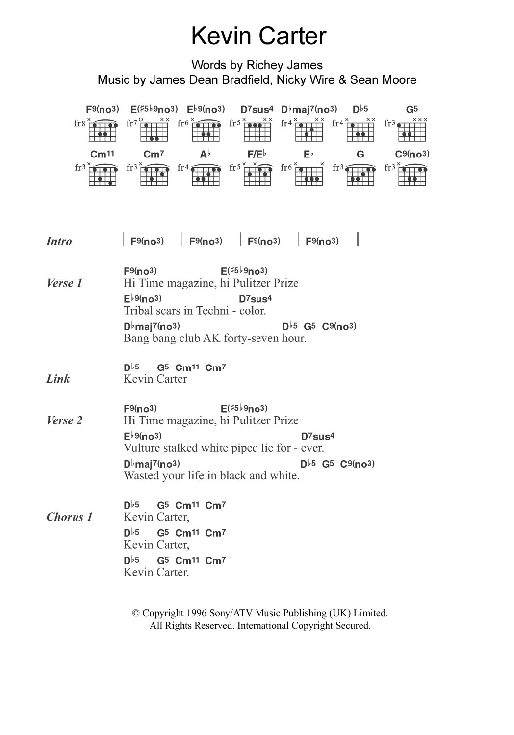 Manic Street Preachers Kevin Carter sheet music notes and chords arranged for Guitar Chords/Lyrics