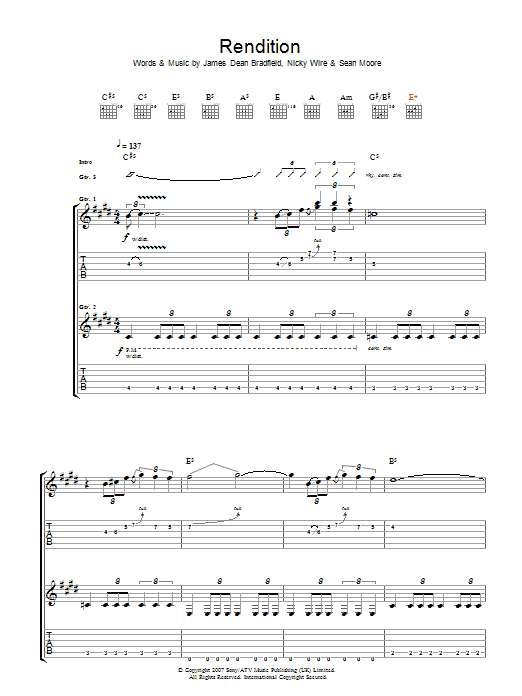 Manic Street Preachers Rendition sheet music notes and chords arranged for Guitar Tab