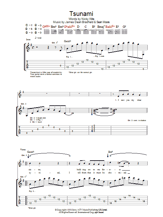 Manic Street Preachers Tsunami sheet music notes and chords arranged for Guitar Tab