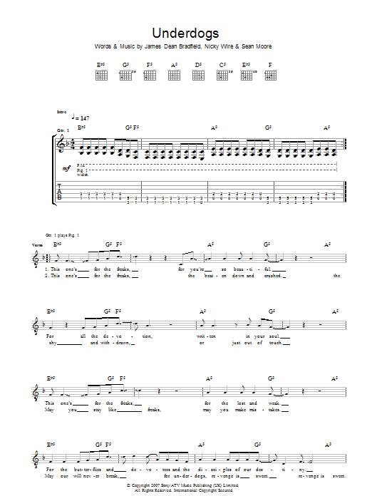 Manic Street Preachers Underdogs sheet music notes and chords arranged for Guitar Tab