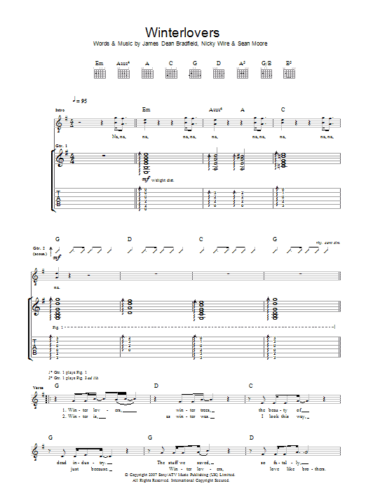 Manic Street Preachers Winterlovers sheet music notes and chords arranged for Guitar Tab