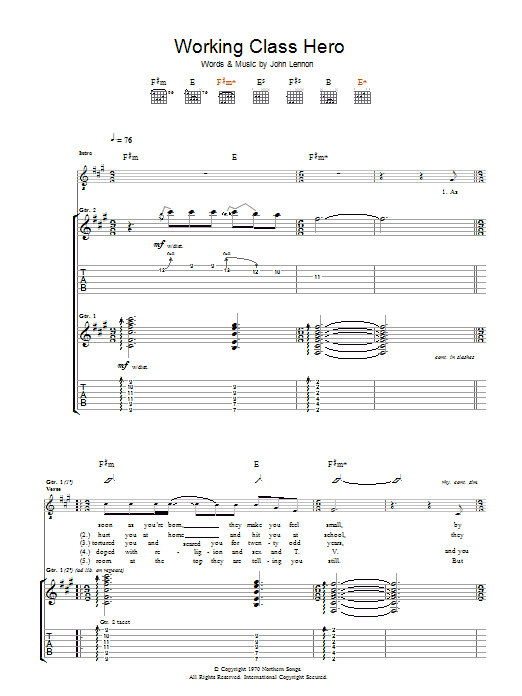 Manic Street Preachers Working Class Hero sheet music notes and chords arranged for Guitar Tab