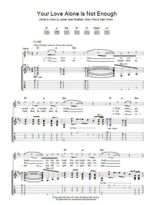 Manic Street Preachers Your Love Alone Is Not Enough sheet music notes and chords arranged for Piano, Vocal & Guitar Chords