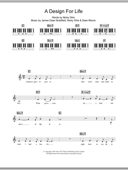 Manic Street Preachers A Design For Life sheet music notes and chords arranged for Piano, Vocal & Guitar Chords