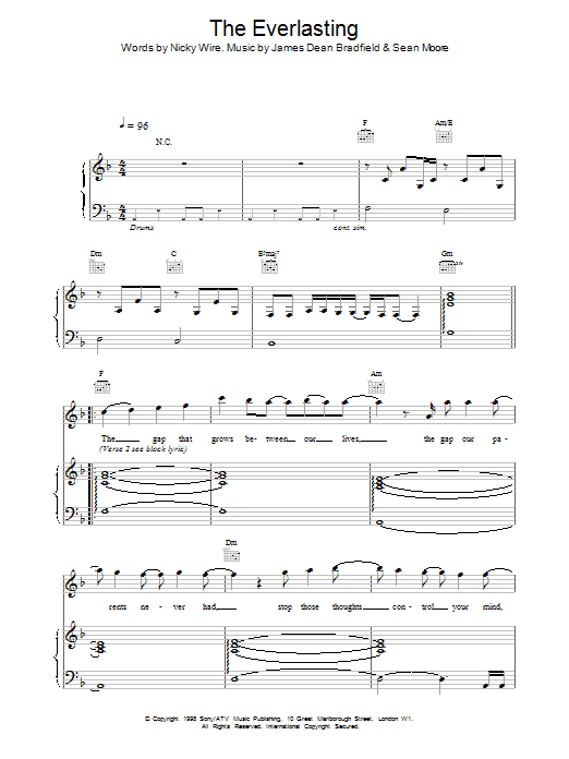 Manic Street Preachers Everlasting sheet music notes and chords arranged for Piano, Vocal & Guitar Chords