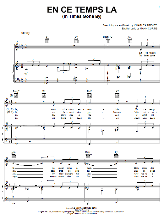 Mann Curtis En Ce Temps La (In Times Gone By) sheet music notes and chords arranged for Piano, Vocal & Guitar Chords (Right-Hand Melody)