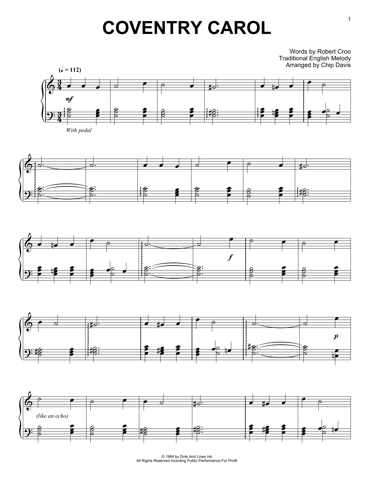 Mannheim Steamroller Coventry Carol sheet music notes and chords arranged for Piano Solo