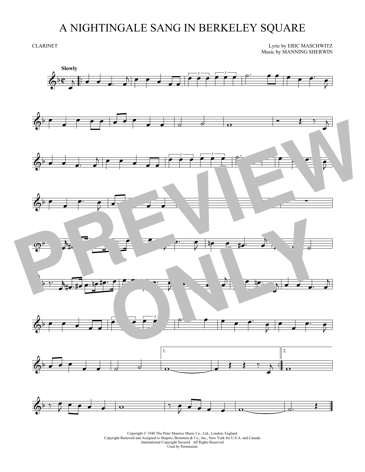 Manning Sherwin A Nightingale Sang In Berkeley Square sheet music notes and chords arranged for Alto Sax Solo
