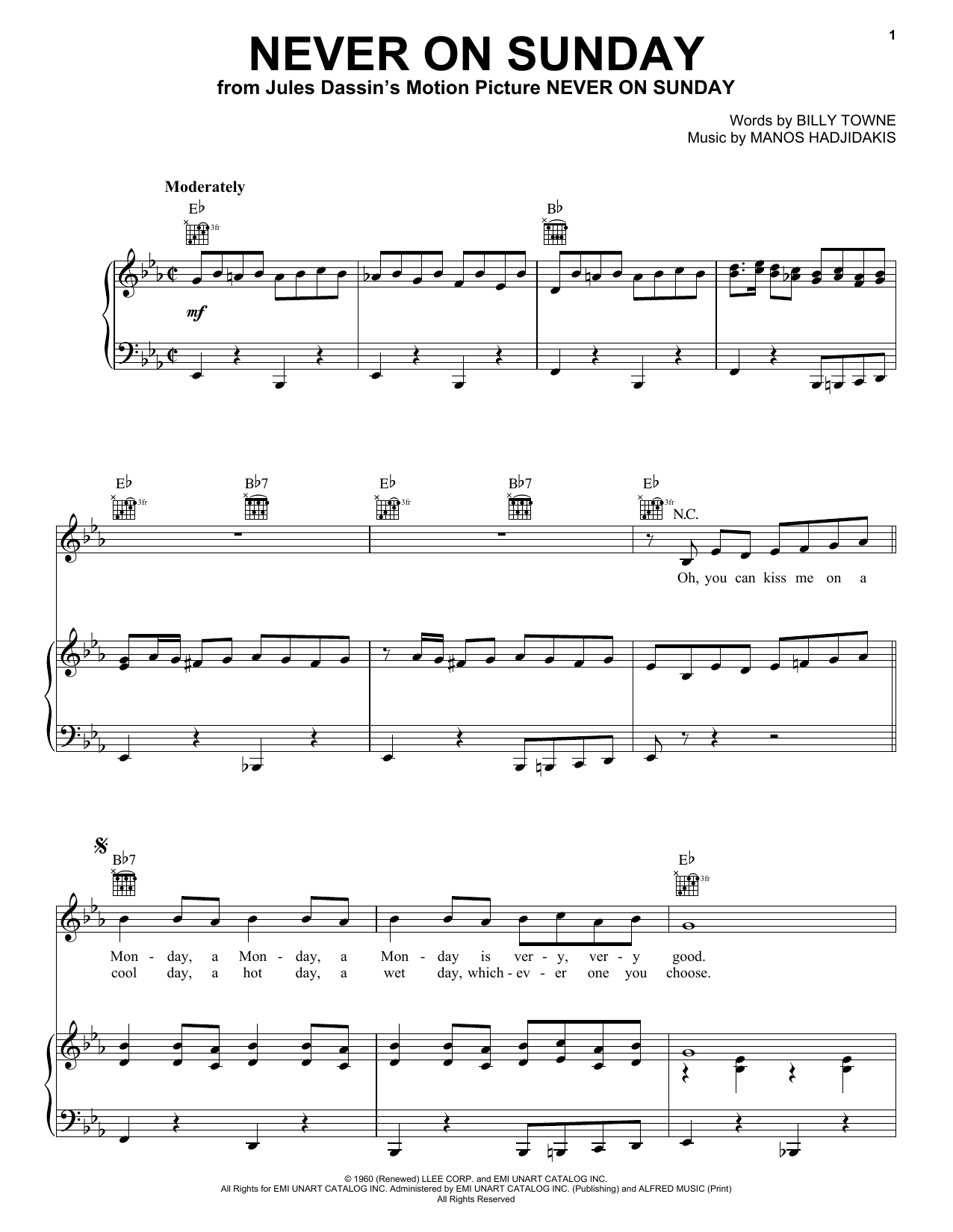 Manos Hadjidakis Never On Sunday sheet music notes and chords arranged for Piano, Vocal & Guitar Chords (Right-Hand Melody)