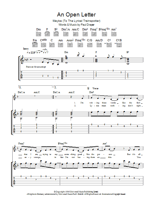 Mansun An Open Letter sheet music notes and chords arranged for Guitar Tab