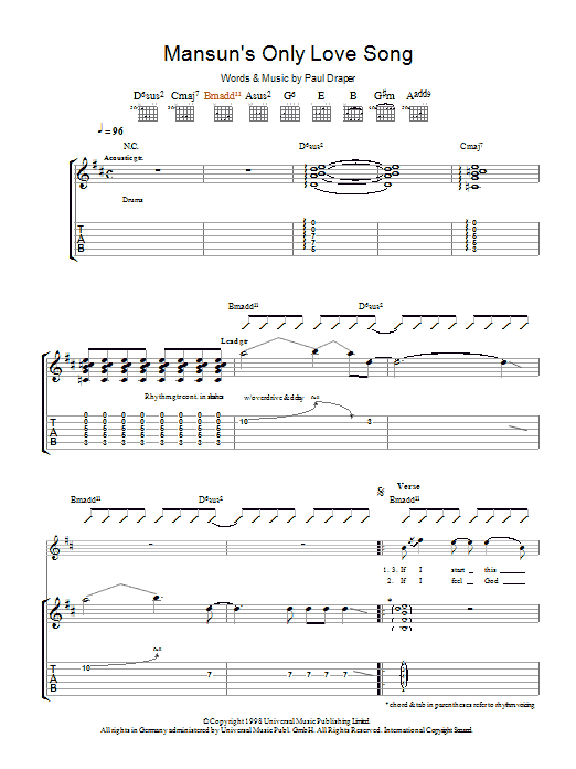 Mansun Mansun's Only Love Song sheet music notes and chords arranged for Guitar Tab