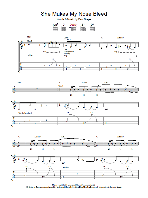 Mansun She Makes My Nose Bleed sheet music notes and chords arranged for Guitar Tab