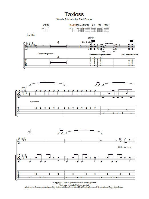 Mansun Taxloss sheet music notes and chords arranged for Guitar Tab