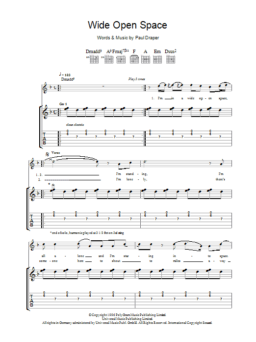 Mansun Wide Open Space sheet music notes and chords arranged for Guitar Chords/Lyrics