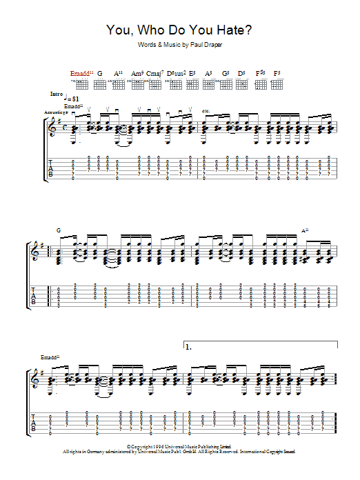 Mansun You, Who Do You Hate? sheet music notes and chords arranged for Guitar Tab
