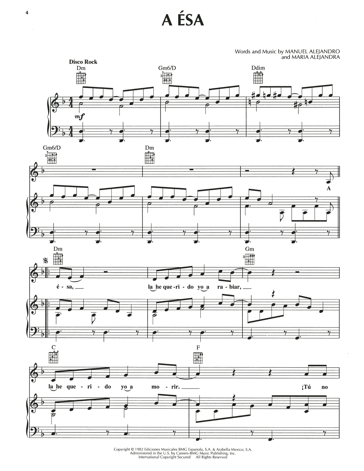 Manuel Alejandro A Esa sheet music notes and chords arranged for Piano, Vocal & Guitar Chords (Right-Hand Melody)
