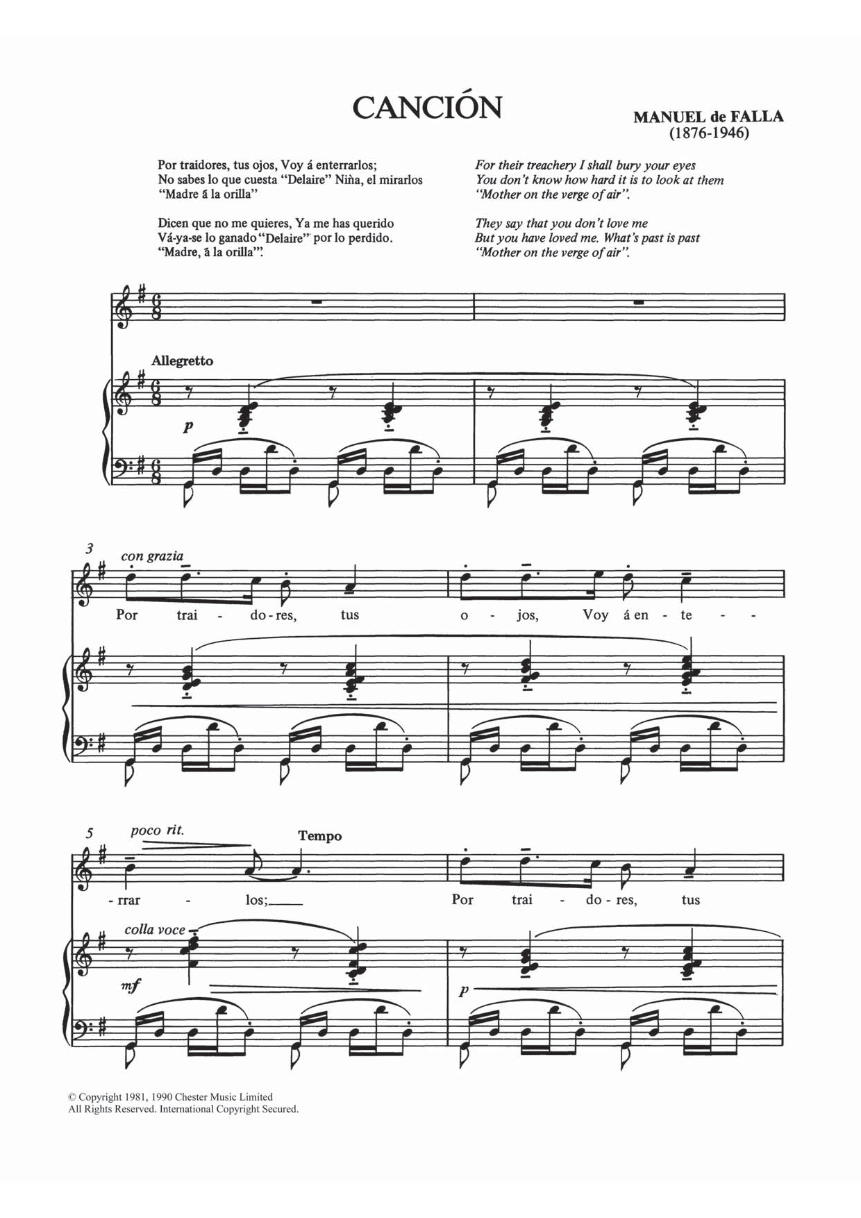 Manuel De Falla Cancion sheet music notes and chords arranged for Piano & Vocal