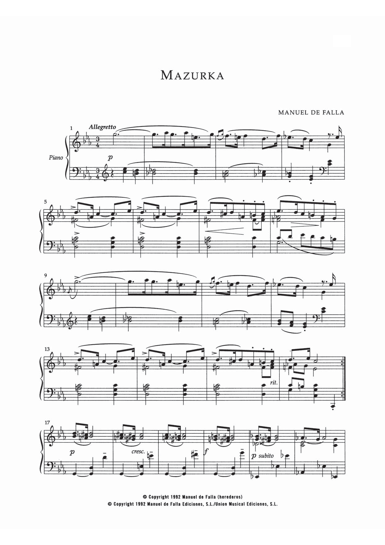 Manuel De Falla Mazurka In Do Menor sheet music notes and chords arranged for Piano Solo