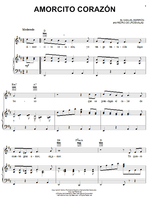 Manuel Esperon Amorcito Corazon sheet music notes and chords arranged for Piano, Vocal & Guitar Chords (Right-Hand Melody)