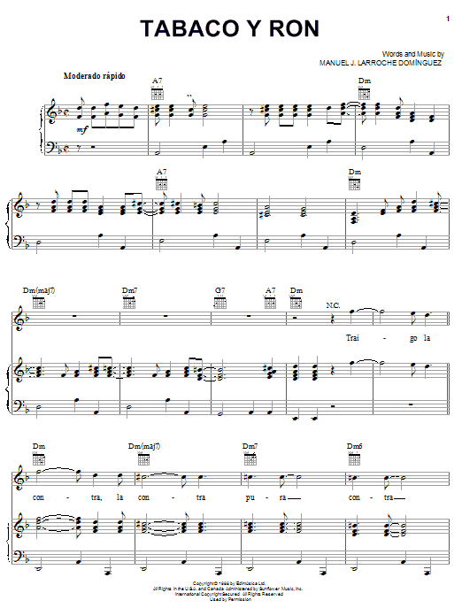Manuel J. Larroche Domínguez Tabaco Y Ron sheet music notes and chords arranged for Piano, Vocal & Guitar Chords (Right-Hand Melody)