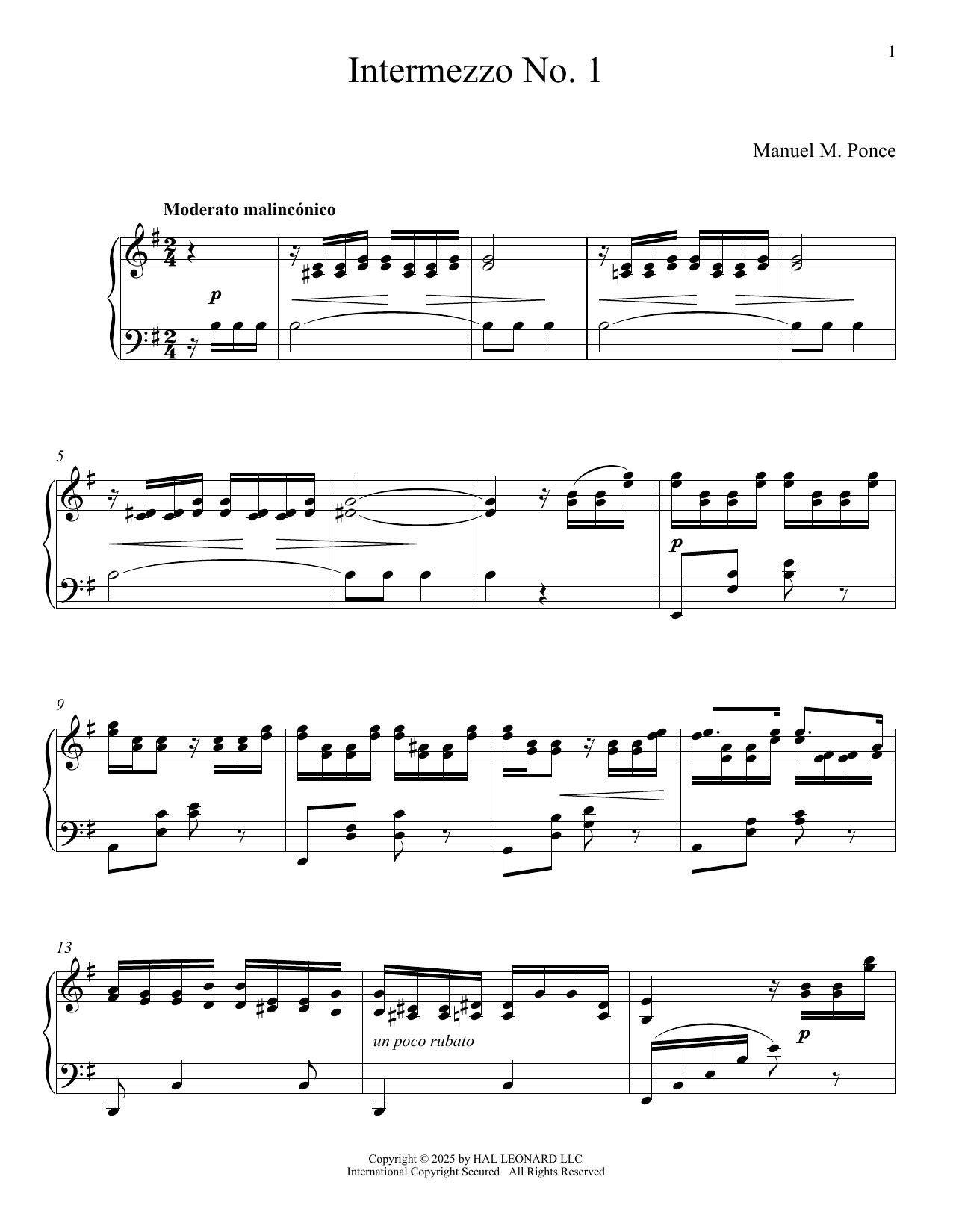 Manuel M. Ponce Intermezzo No. 1 sheet music notes and chords arranged for Piano Solo