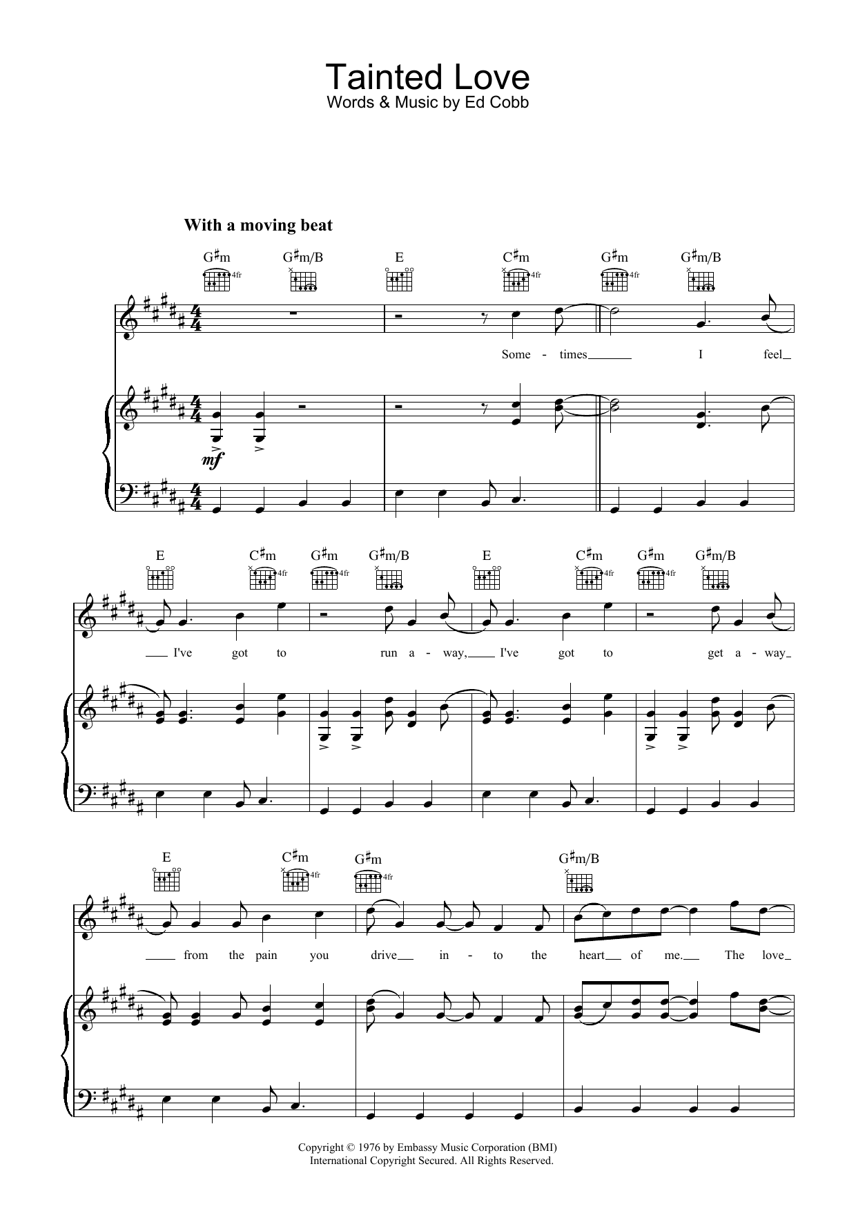 Marc Almond Tainted Love sheet music notes and chords arranged for Piano, Vocal & Guitar Chords (Right-Hand Melody)