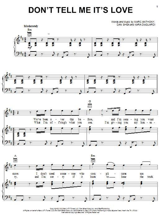 Marc Anthony Don't Tell Me It's Love sheet music notes and chords arranged for Piano, Vocal & Guitar Chords (Right-Hand Melody)