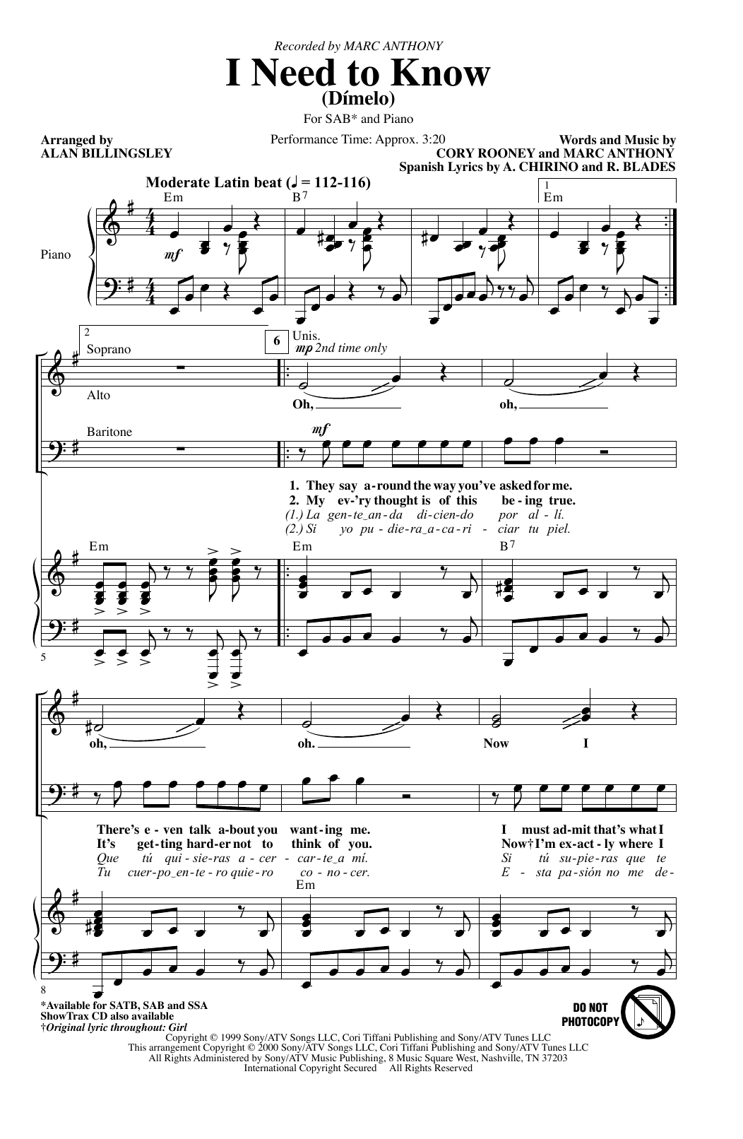 Marc Anthony I Need To Know (Dimelo) (arr. Alan Billingsley) sheet music notes and chords arranged for SAB Choir