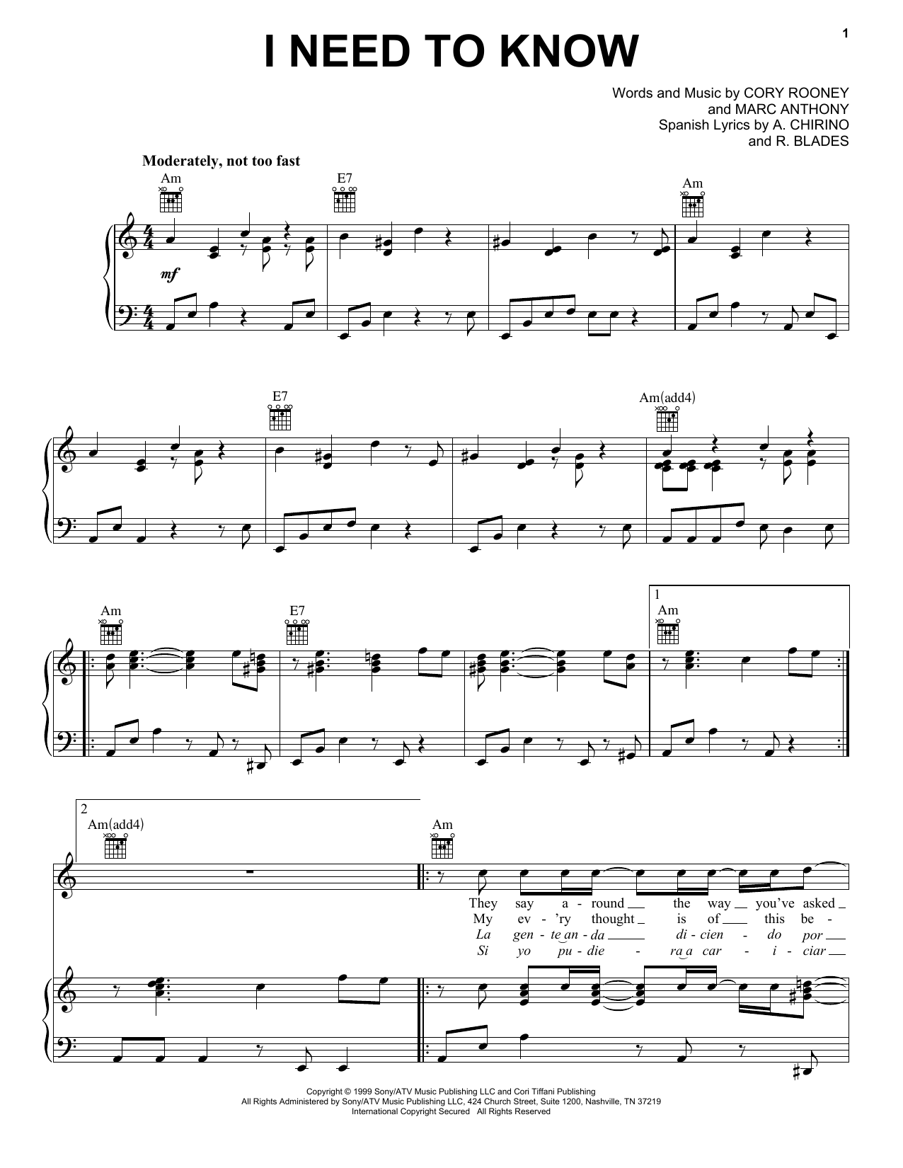Marc Anthony I Need To Know sheet music notes and chords arranged for Lead Sheet / Fake Book