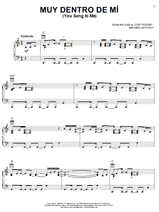 Marc Anthony Muy Dentro De Mi (You Sang To Me) sheet music notes and chords arranged for Piano, Vocal & Guitar Chords (Right-Hand Melody)