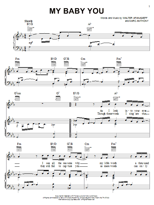 Marc Anthony My Baby You sheet music notes and chords arranged for Piano, Vocal & Guitar Chords (Right-Hand Melody)