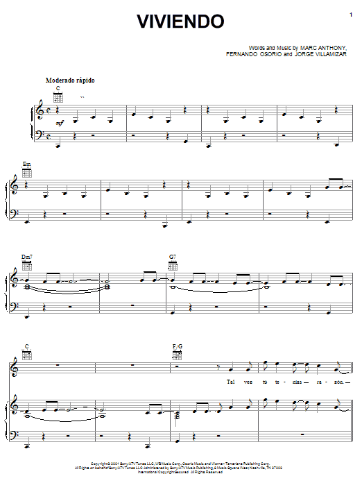 Marc Anthony Viviendo sheet music notes and chords arranged for Piano, Vocal & Guitar Chords (Right-Hand Melody)