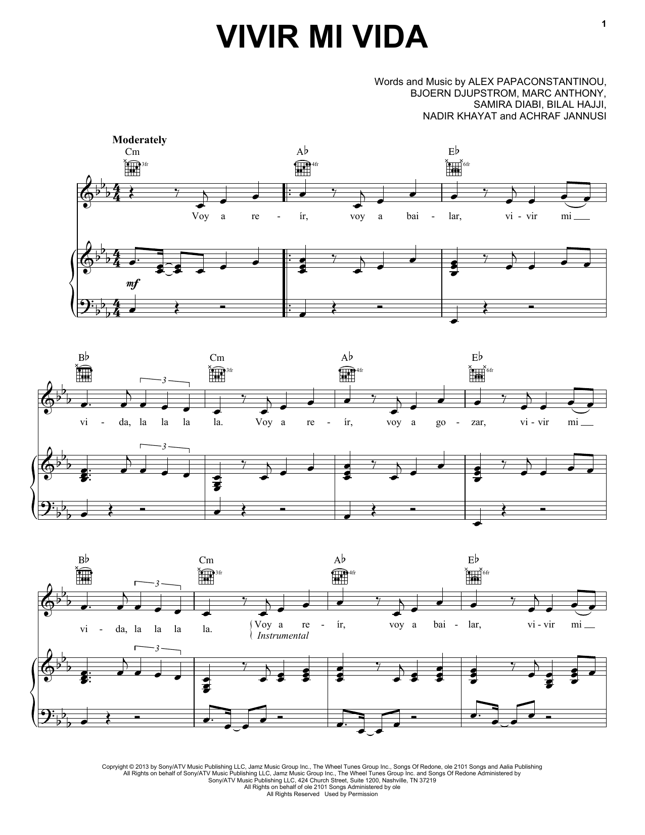 Marc Anthony Vivir Mi Vida sheet music notes and chords arranged for Piano, Vocal & Guitar Chords (Right-Hand Melody)