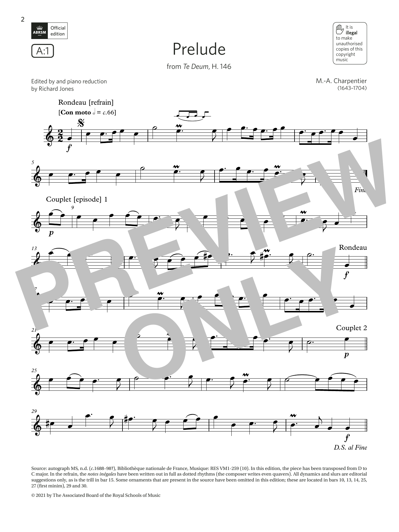 Marc-Antoine Charpentier Prelude (from Te Deum, H. 146) (Grade 3 List A1 from the ABRSM Flute syllabus from 2022) sheet music notes and chords arranged for Flute Solo