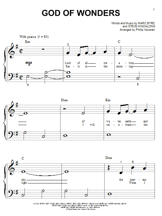 Marc Byrd God Of Wonders (arr. Phillip Keveren) sheet music notes and chords arranged for Big Note Piano