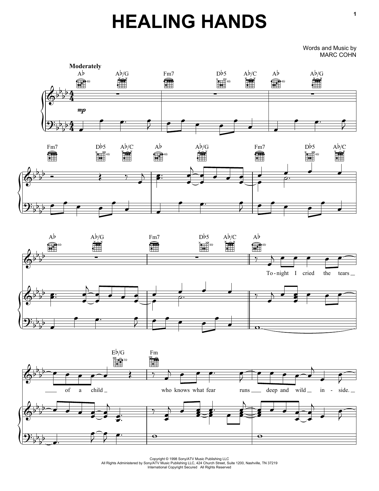 Marc Cohn Healing Hands sheet music notes and chords arranged for Piano, Vocal & Guitar Chords (Right-Hand Melody)