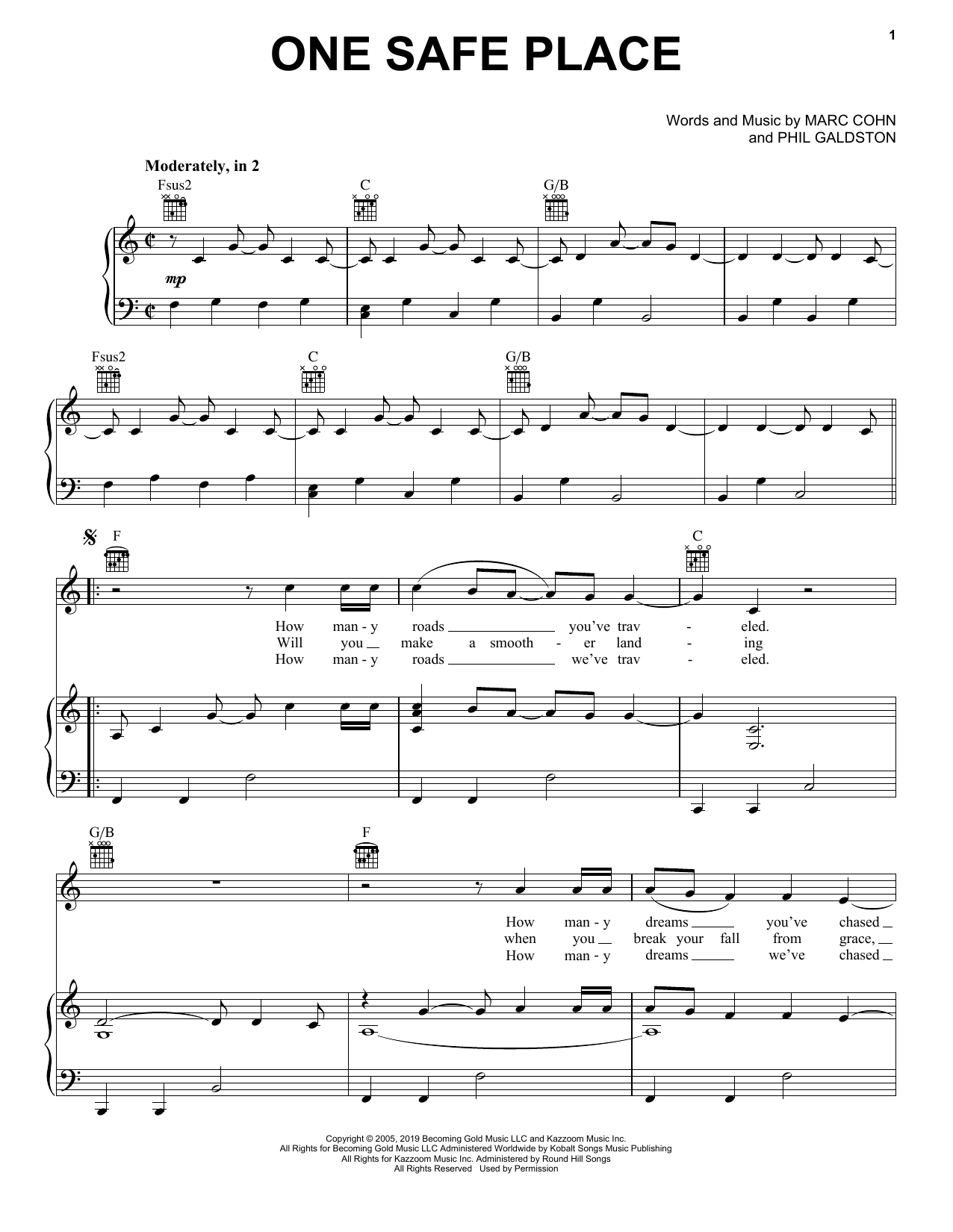 Marc Cohn One Safe Place sheet music notes and chords arranged for Piano, Vocal & Guitar Chords (Right-Hand Melody)