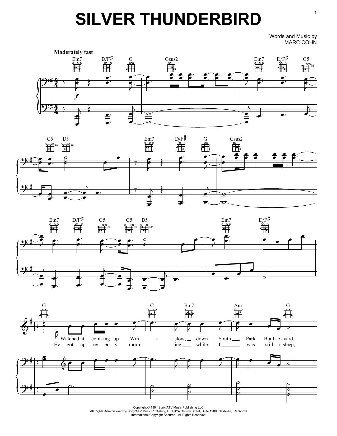 Marc Cohn Silver Thunderbird sheet music notes and chords arranged for Piano, Vocal & Guitar Chords (Right-Hand Melody)