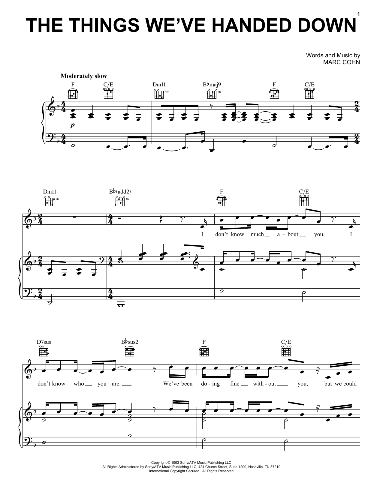 Marc Cohn The Things We've Handed Down sheet music notes and chords arranged for Piano, Vocal & Guitar Chords (Right-Hand Melody)