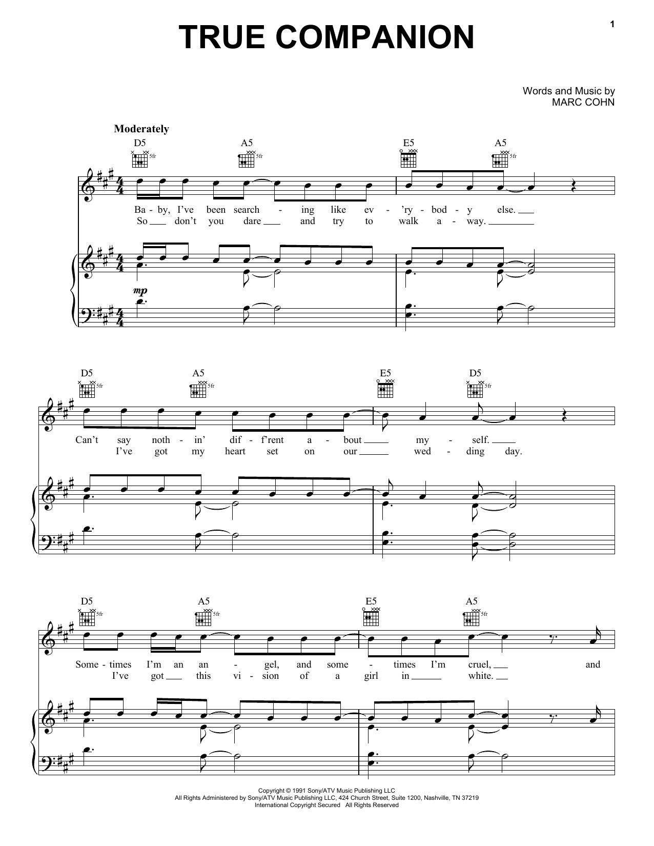 Marc Cohn True Companion sheet music notes and chords arranged for Piano, Vocal & Guitar Chords (Right-Hand Melody)