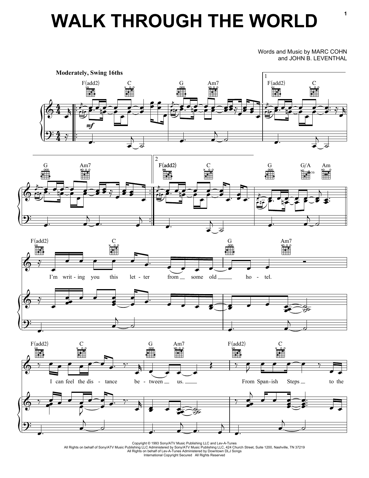 Marc Cohn Walk Through The World sheet music notes and chords arranged for Piano, Vocal & Guitar Chords (Right-Hand Melody)